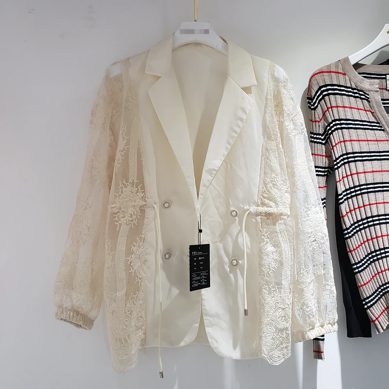 

Harajuku Lace Jacket for Women Spring and Summer New Splicing Lace Drawstring Waist Thin Suit Coat Female Korean Loose Jackets