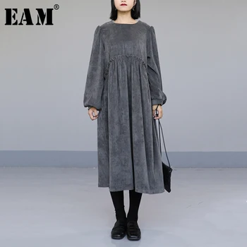

[EAM] Women Pleated Corduroy Big Size Dress New Round Neck Long Lantern Sleeve Loose Fit Fashion Tide Spring Autumn 2020 1N544