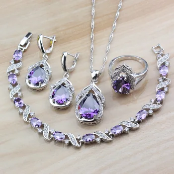 

Perfect Wedding Natural Purple Crystal 4PCS Jewelry Sets Of Silver Color Dangle Earrings/Bracelet And Ring For Women Sets