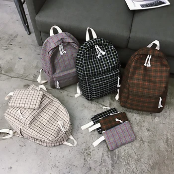 

2set Plaid pattern Backpack Canvas Women Shoulder Bag New Teenager Girl School Backpack Female Mochilas Bagpack