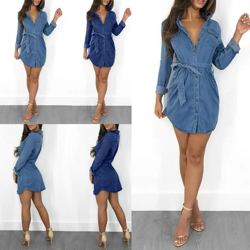 Dress Women Summer Dress Women Dress Party Dress S-xl Women Long Sleeve Denim Jean Lapel Shirt Dress Short Mini Dress Top
