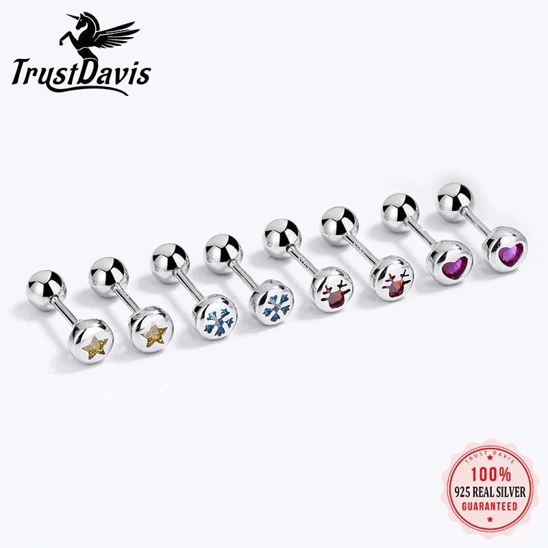 TrustDavis Real 925 Sterling Silver Round Shiny CZ Screw Stud Earrings For Women Children Baby Girls Minimalist Jewelry DB1419 | Украшения