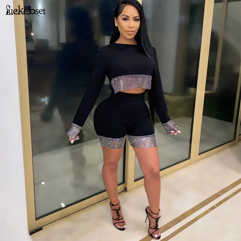 

Sexy Long Sleeve Top And Short Pants 2 Piece Set Autumn Spring Women Two Suits Bright Silk Outfit Clubwear Tracksuit