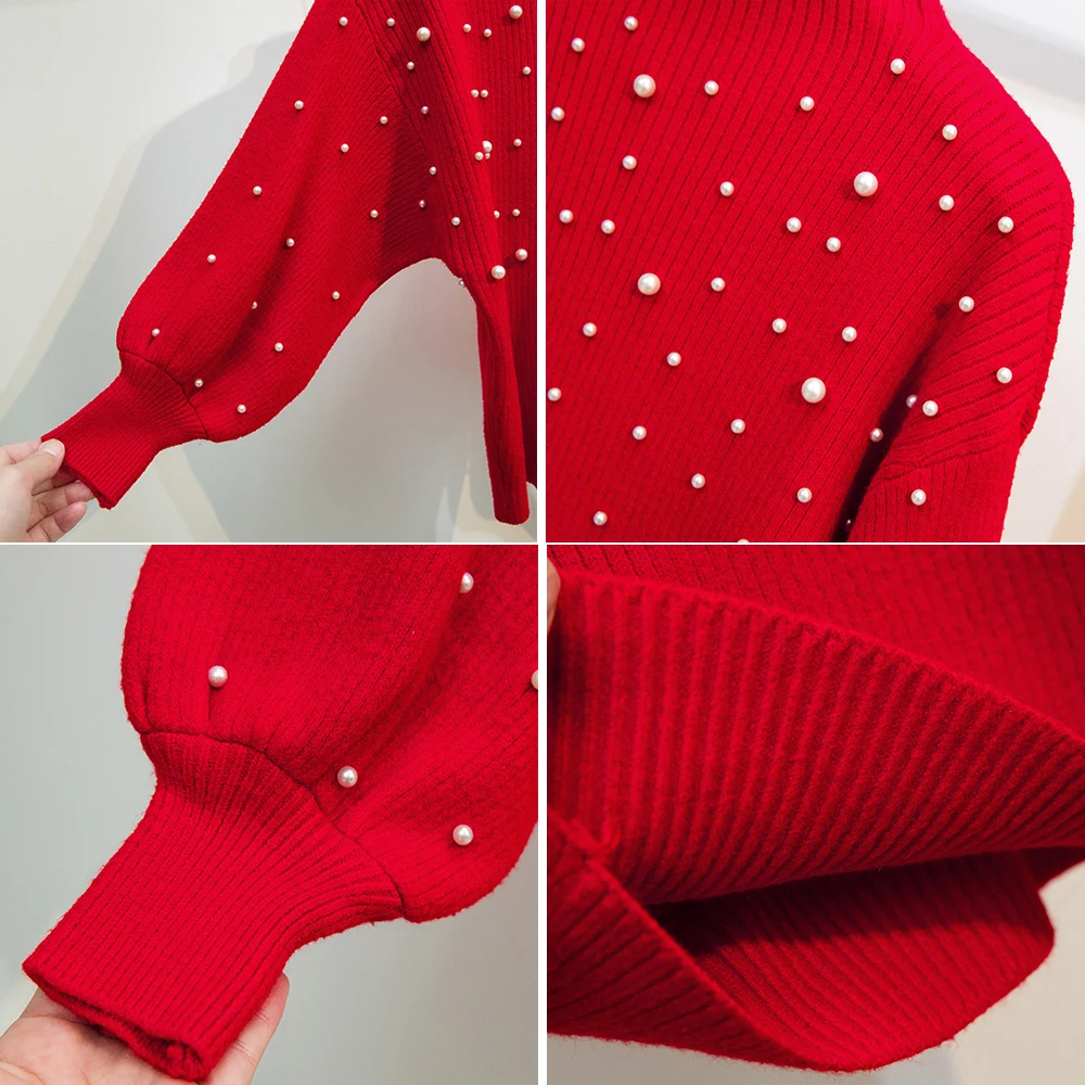 Осенне-зимние женские вязаные свитера с бусинами и длинным рукавом, толстые пуловеры, женский свитер, украшенный бусинами, женские топы