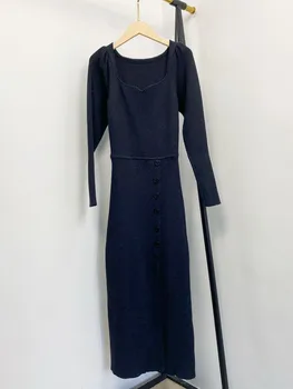 

Women's Slim Knitted Dress square neck lantern sleeves buckle split length knitted solid color winter Warm Elegant Knit Dress