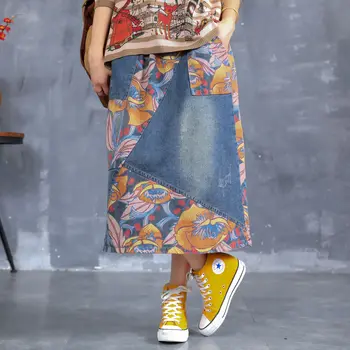 

Autumn Art Retro Print Denim Skirts Women Loose Spliced Elastic Waist A-Line Skirts Female Slouchy Washed Skirt