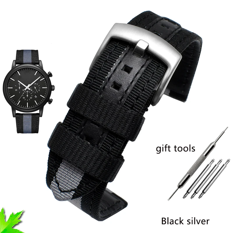 22mm nylon canvas watch belt is suitable for Armani ar1948 1968 1970 1979 male Luigi series needle buckle free of freight - Цвет ремешка: black  silver