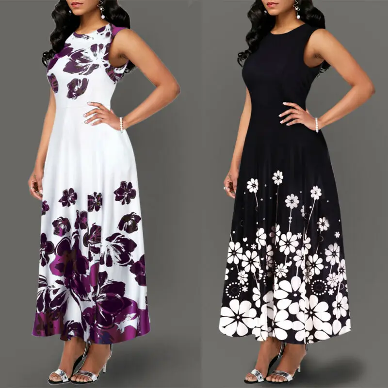 Large Size Elegant Women's Floral Print Long Maxi Dress Evening Party Beach Dress Summer Sleeveless Long Flower Sundress Costume