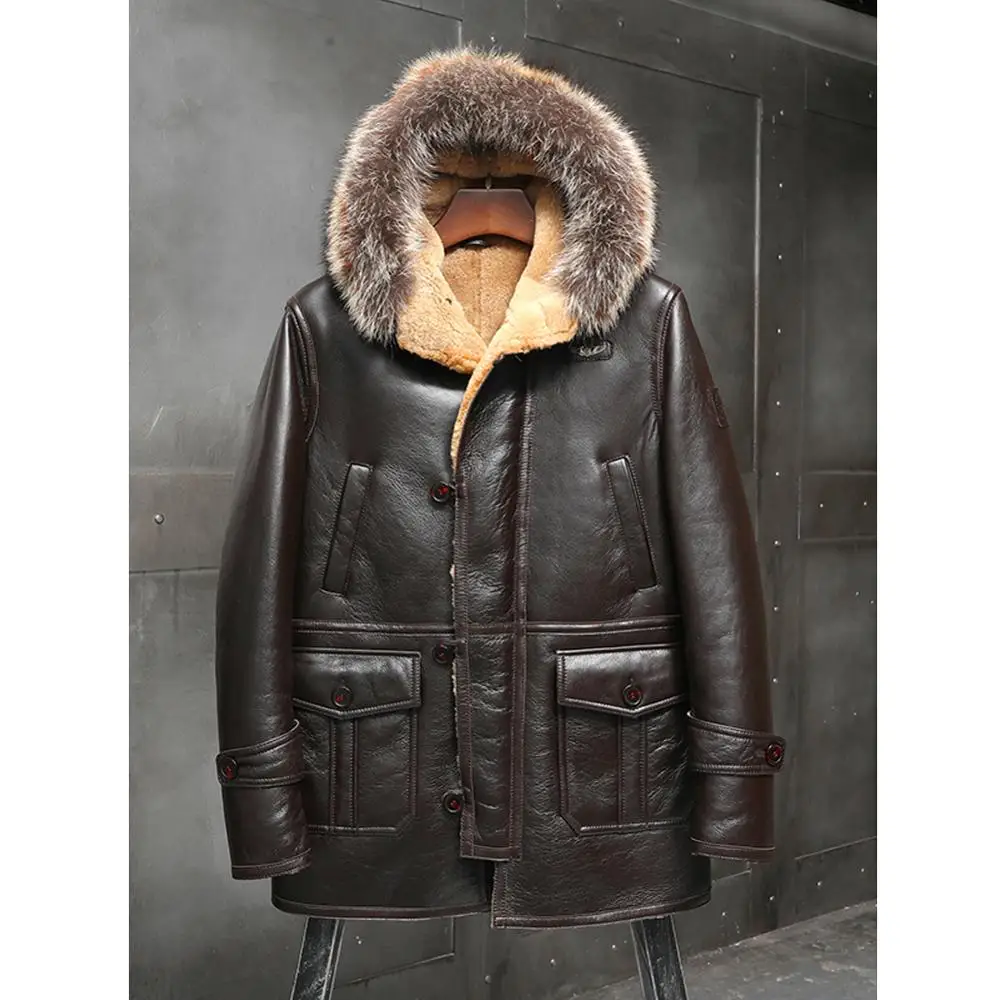 New Shearling Coat Mens B3 Bomber Jacket Black Leather Motorcycle Overcoat  Sheepskin Outerwear - Genuine Leather - AliExpress