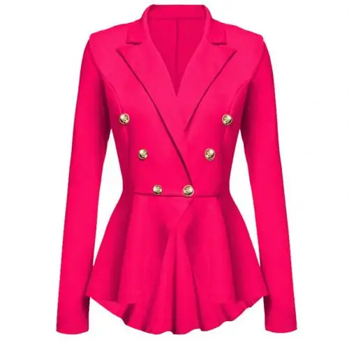 Rose Red Двубортный блейзер с оборками на подоле, короткое пальто, однотонное офисное женское осеннее пальто с воротником с лацканами - Цвет: Rose Red
