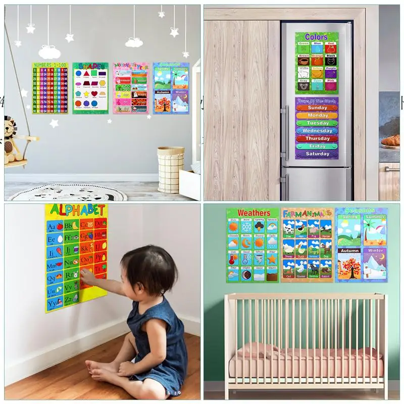 10pcs Educational Preschool Posters Charts Farm Animals Seasons Weathers Alphabet Months Days for Toddlers Kids Home Decoration