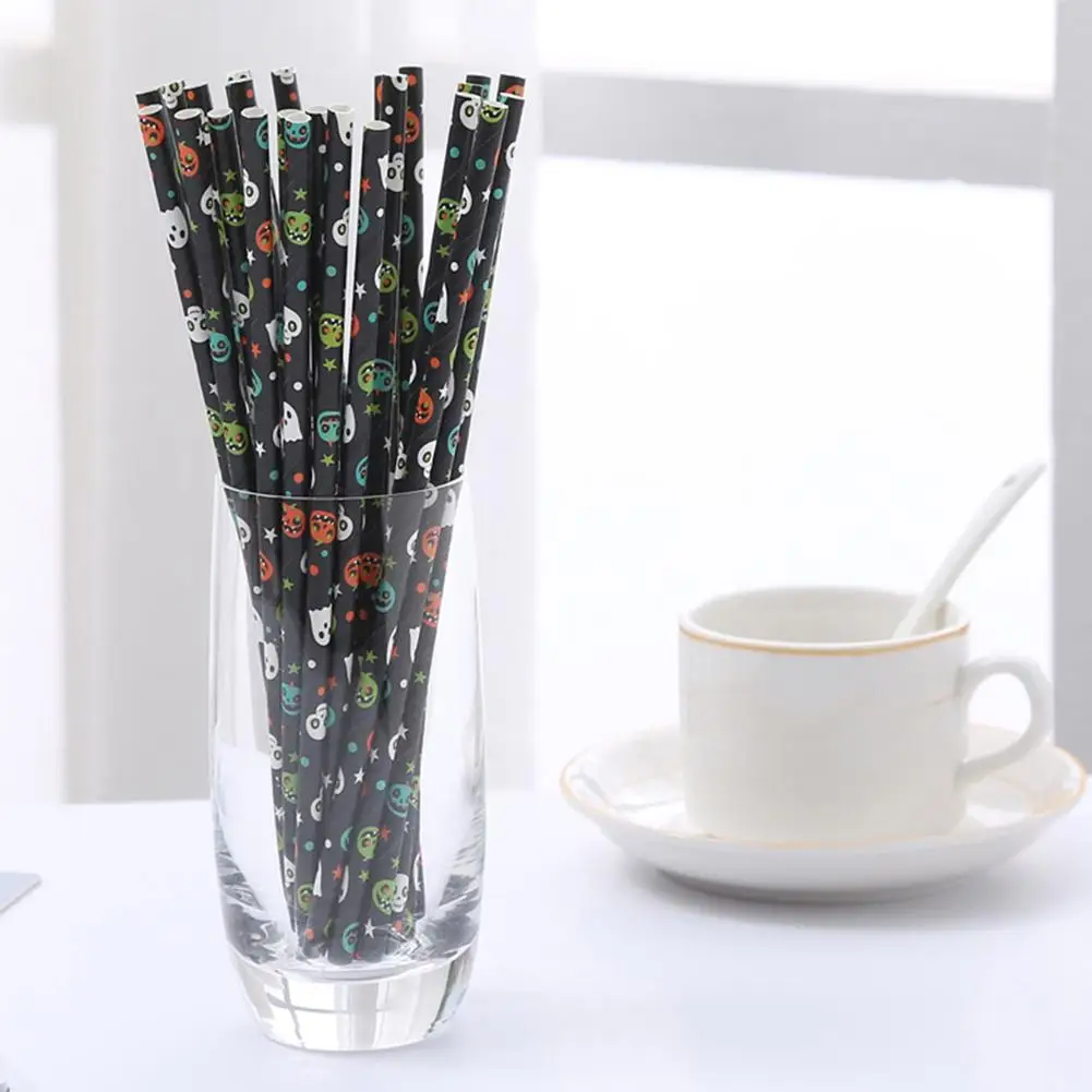 

25Pcs Halloween Pumpkin Ghost Skull Print Disposable Paper Drinking Straw Decor outdoor picnics hiking trips and office use