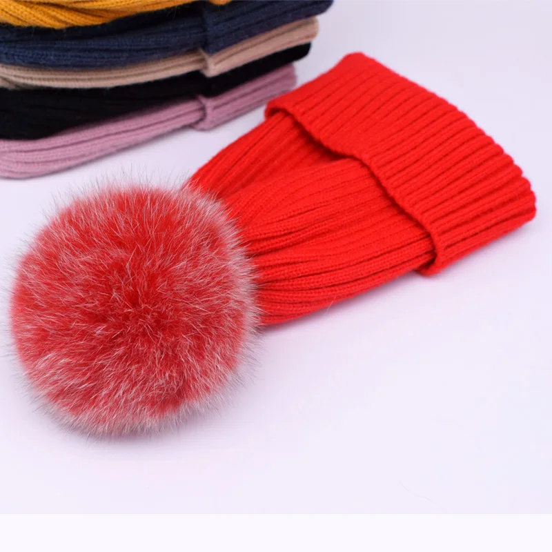 wool red fox fur 2 Новинка, зимняя шапка, роскошные качественные шапки с меховым помпоном, шапка высокого качества для девочек, женские зимние шапки - Цвет: wool red fox fur 2