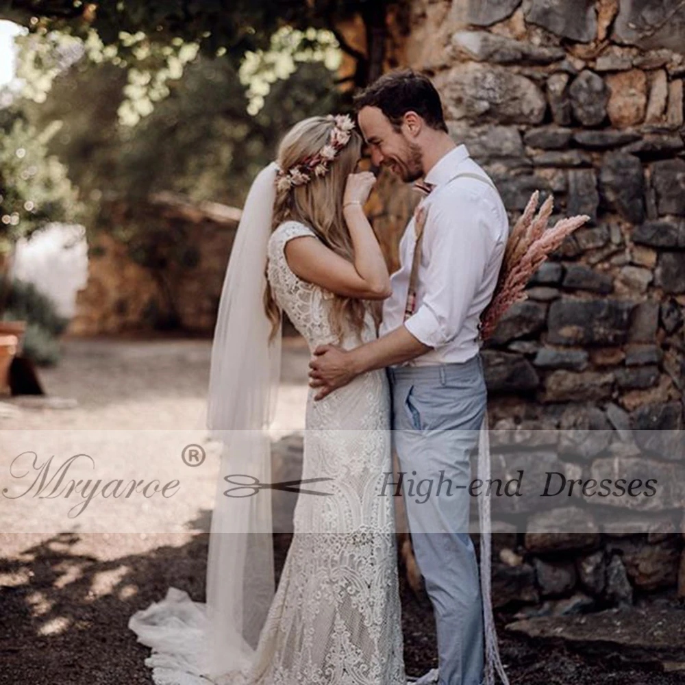 Mryarce Unique Bride Vintage Crochet Lace Boho Wedding Dress Cap Sleeves Open Back Bohemian Bridal Gowns  (2)