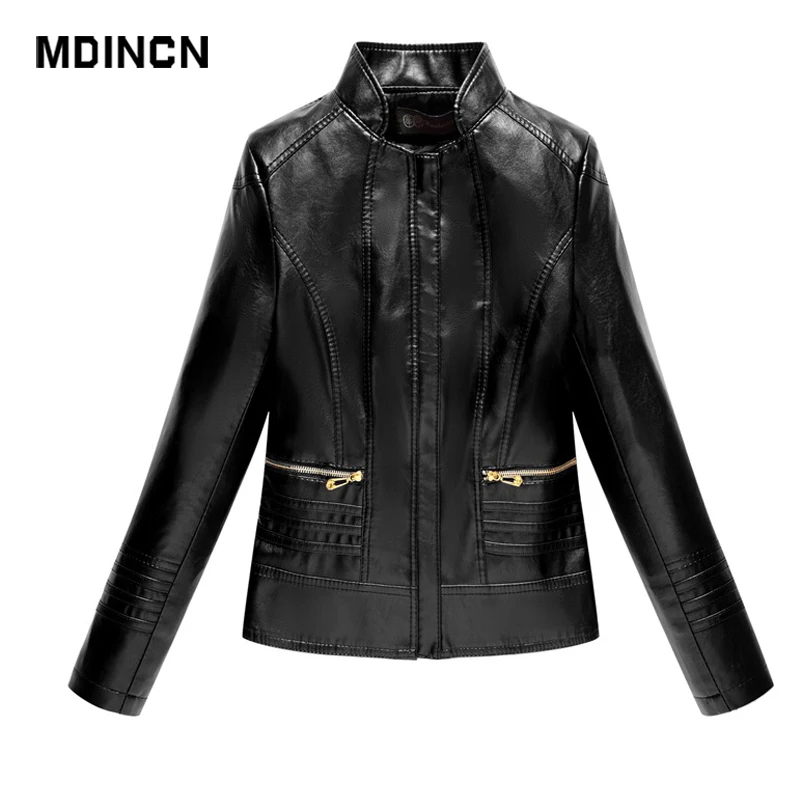 MDINCN новые модные женские весенние и осенние черные Куртки из искусственной кожи базовое пальто на молнии байкерская куртка с воротником-стойкой 5XL