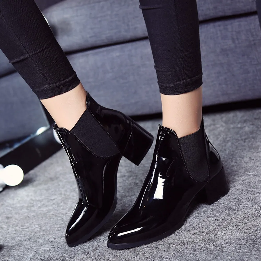 Zapatos de moda para mujer, botas elásticas de charol Botines de Cuero  tacón bajo puntiagudas, zapatos sexys para mujer - AliExpress Calzado