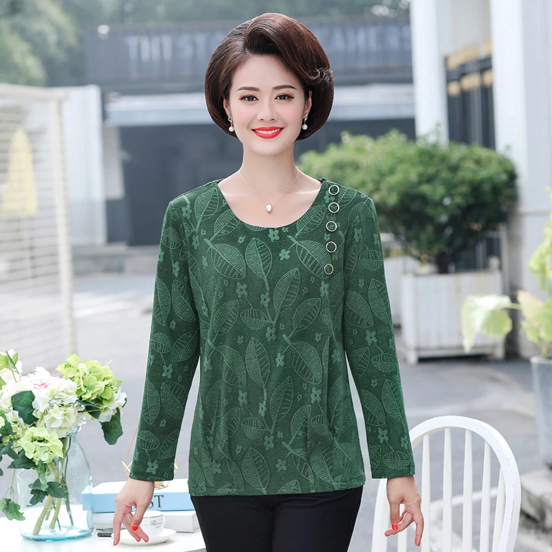 

printed long sleeve t shirt middle age women spring tops bottoming shirt casual loose 5xl plus size stretch mother clothes