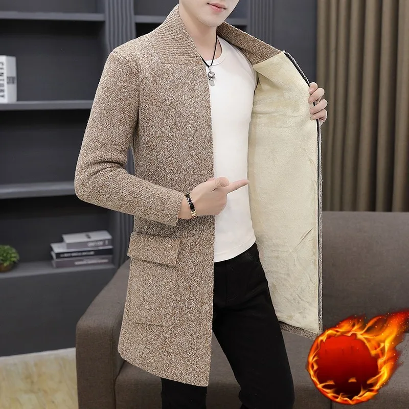 

Mens Winter Thick Fleece Liner Mens Knintting Cardigan Casual Long Sleeve Zipper Pockets Male Medium Length Outerwear Plus Size