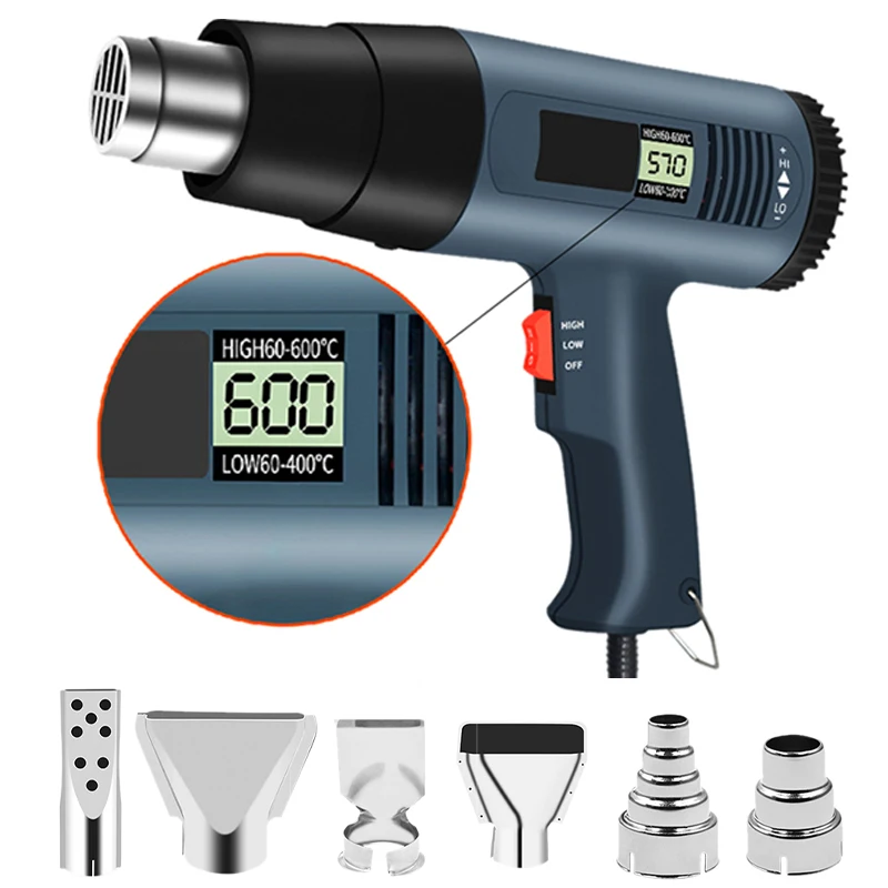220V 2000W Advanced Hot Air Gun Temperatures Adjustable Digtal Display With 6pc Nozzles Electric Heat Gun