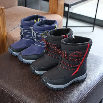 

2020 Boys Girls Winter Snow Boots Fashion Warm Shoes Waterproof Striped Children Solid Shoes Flat with Platform Footwear Black