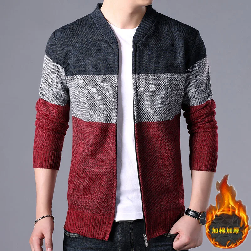 

Men's autumn and winter plus velvet warm baseball collar knitted jacket jacket thickened stand collar hit color men's clothing