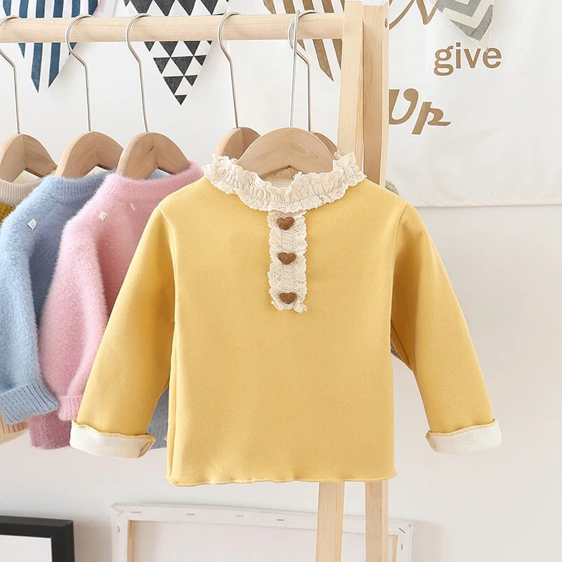 Зимняя детская футболка принцессы для маленьких девочек, коллекция года, осенняя Вельветовая Базовая футболка с длинными рукавами и кружевными пуговицами топы, S10021 - Цвет: Yellow