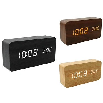 

Wooden LED Alarm Clocks Electronic Clock Sounds Control Digital Display Desktop Calendar Table Clock
