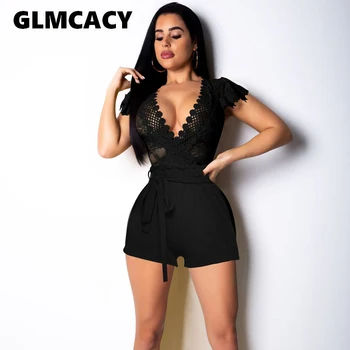 

Women Sexy V Neck short sleeve Lace Patchwork Romper Short Holiday Playsuit Casual Chic Steertwear
