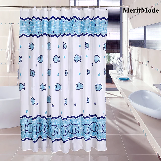 MeritMode Vinyl Sea Theme Bath Curtain with Fish and Tsunami