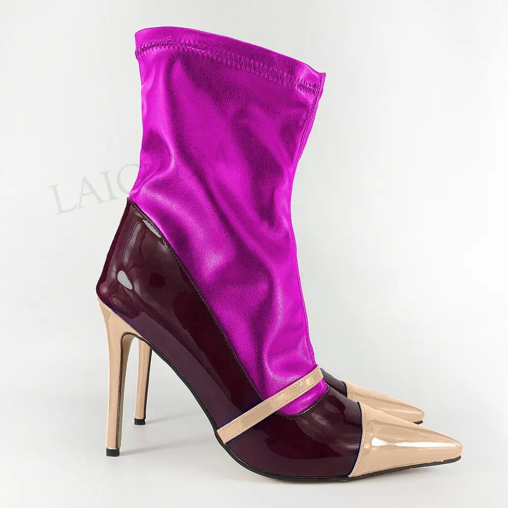 Burgundy-Nude LAIGZEM/ г.; Женские ботинки в стиле пэчворк; ботинки на шпильке с боковой молнией; ботинки контрастного цвета; модная обувь; женская обувь; botas mujer; размер 45, 46, 47 - Цвет: Burgundy-Nude
