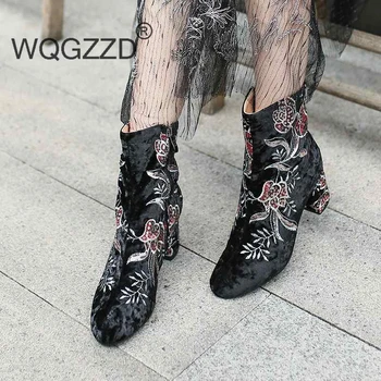 

Bottes femme oriental design shoes women's ankle boots round toe gorgeous embroidery flowers stretch ankle boots zapaots mujer