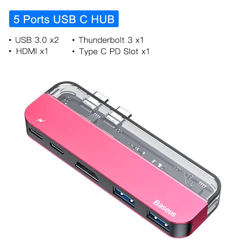 Baseus USB C концентратор 3,0 Для Macbook Pro Surface HDMI Thunderbolt 3 адаптер питания мульти USB 3,0 USB-C type C концентратор для huawei Matebook - Цвет: Red 5 in 1 USB HUB
