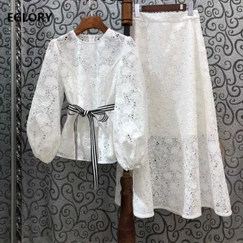 

High Quality Designer Clothing Sets 2020 Spring Summer Suit Women White Lace Tops Blouse+Ankle Long Maxi Lace Skirt Set 2pc