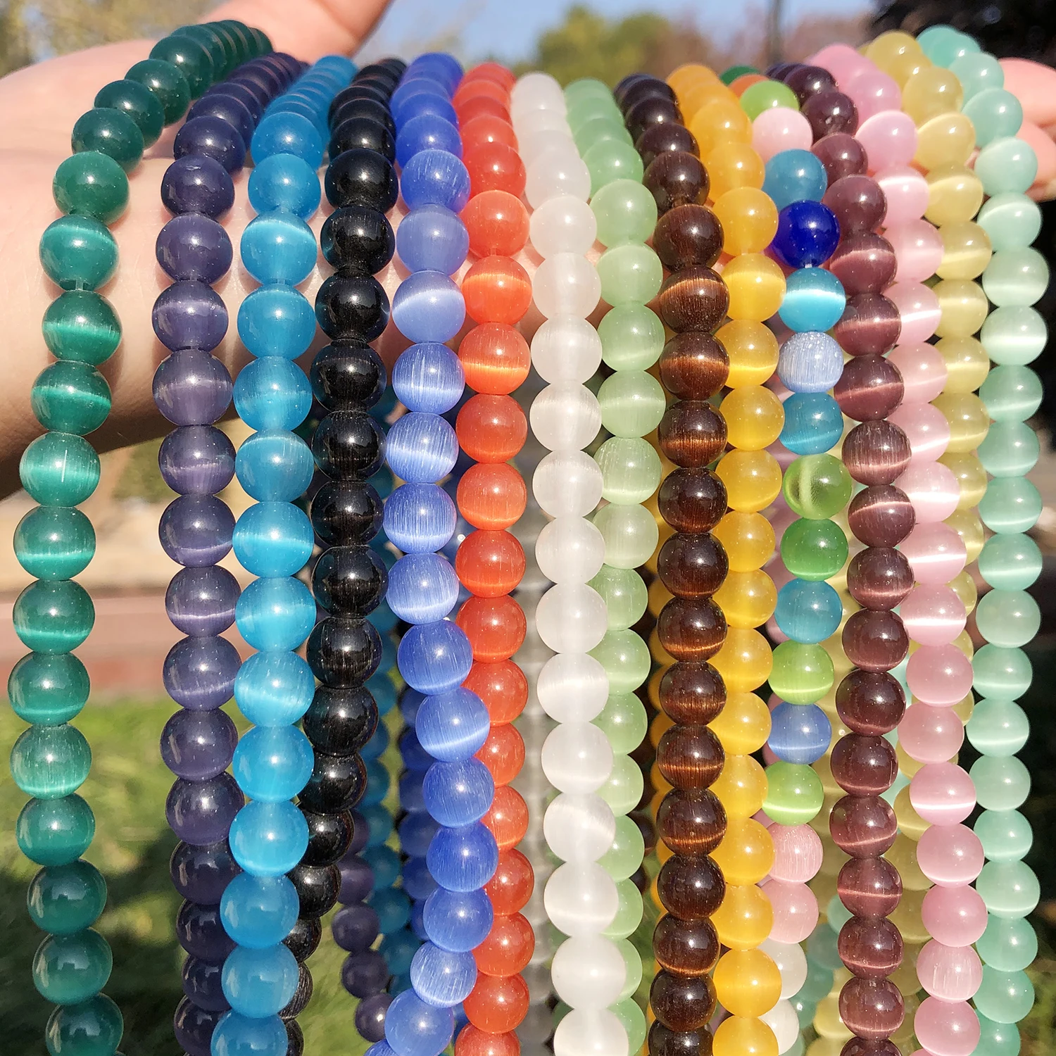 Natural Pink, White, & Blue Cat Eye Round Loose Beads for Jewelry Making - High-Quality Moonstone DIY Bracelet, 15 Strand