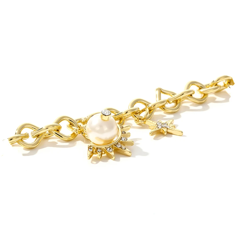 Yhpup Trendy Copper Gold Women Bracelet Rhinestone Imitation Pearls Bangle Moon Star Romantic Fashion Jewelry Accessories Gold