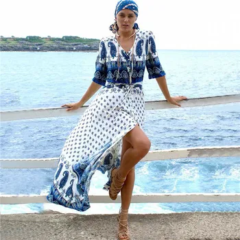 

Beach Dresses Women's Tunic Dress Pareo Swimwear May Female New Printed Rayon Single Breasted Loose Robes Smock Print Polyester