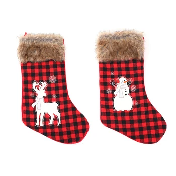

Linen Red and Black Cloth Plaid Elk Christmas Stocking Gift Bag/Elderly Snowman Christmas Stocking/Christmas Atmosphere Decor