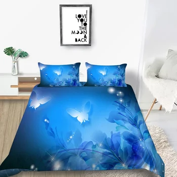 

Girl‘s Bedding Set Beautiful Butterflies Plants 3D Duvet Cover Blue King Queen Twin Full Single Double Unique Design Bed Set