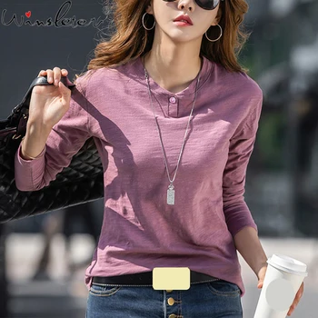 

Solid Color Women T-shirt No Graphic Long Sleeve Cotton T Shirts Female Tee Camisetas Verano Mujer 2020 New Spring FallT07901B