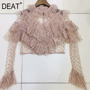 

DEAT 2020 new spring and summer run way styles round neck flare sleeves polka dots printed mesh ruffles shirt female blouse WM42