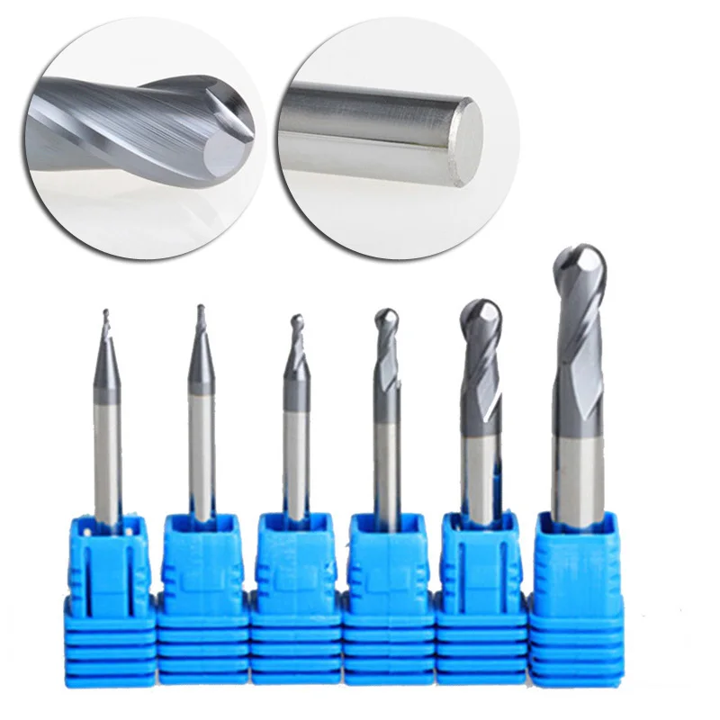 

6 Pieces Radius 0.5-2.0mm Endmills Engraving CNC Tungsten Carbide 2 Flutes Ball Nose End Mill Milling Cutter