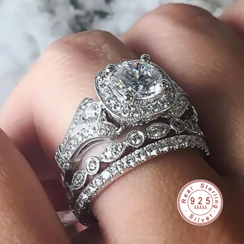 Мода 925 стерлингового серебра сердце и Стрелка Кристалл дизайнерское кольцо для женщин 3 шт./компл. 3 в 1 AAA Циркон Свадебные кольца ювелирные изделия