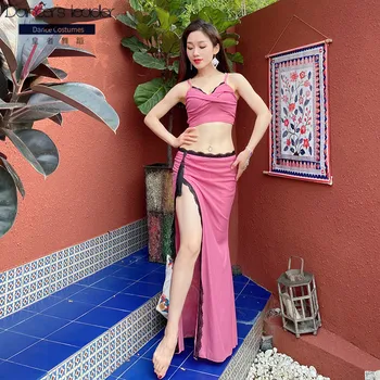 

Woman belly dance costume suit sexy suspender top + lace slit long skirt dancing wear oriental dance costume