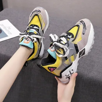 

Women Chunky Platform Sneakers Ulzzang Designers Fashion Lacing Yellow Casual Shoes Woman Red Vulcanized Shoes Basket Female 5cm