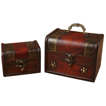 

2 Pcs 2 Sizes Retro Wooden Box Bronze Hinge Clasp Storage Case Cosmetic Storage Container Desktop Photo Home Adornment