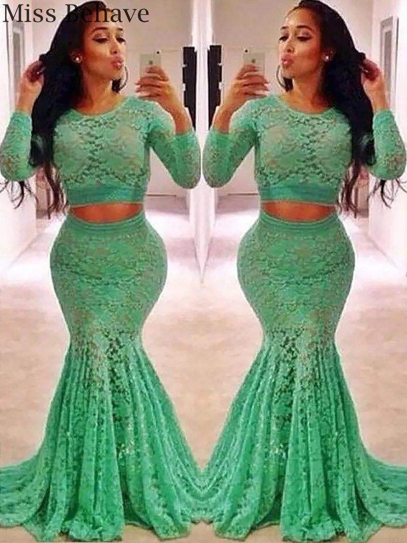 

DD JYOY Green Evening Dress Long Sleeve Two Pieces Design O Neck Mermaid Evening Gowns Illusion Body Elegant Formal Dresses