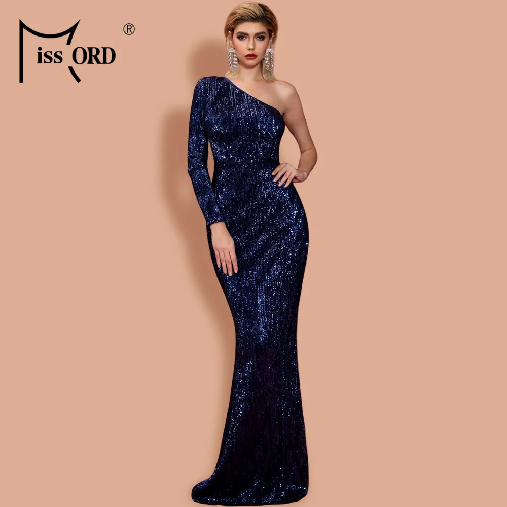 Missord женское платье с неровным вырезом и открытыми плечами с одним рукавом женское элегантное облегающее Макси платье с блестками FT20224 - Цвет: navy blue