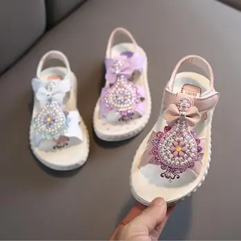 

Summer Sandals For Girls Kids Rhinestone Bow Shoes For Girls Open Toe Flower Pearl Flat Princess Shoes Baby