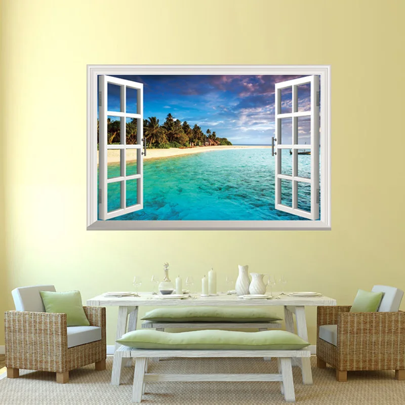 Creative Fake Window Paisagem Poster Stickers Vinyl Mediterranean Scenery Wall Decor Removable PVC Decal Mural Wallpaper | Дом и сад