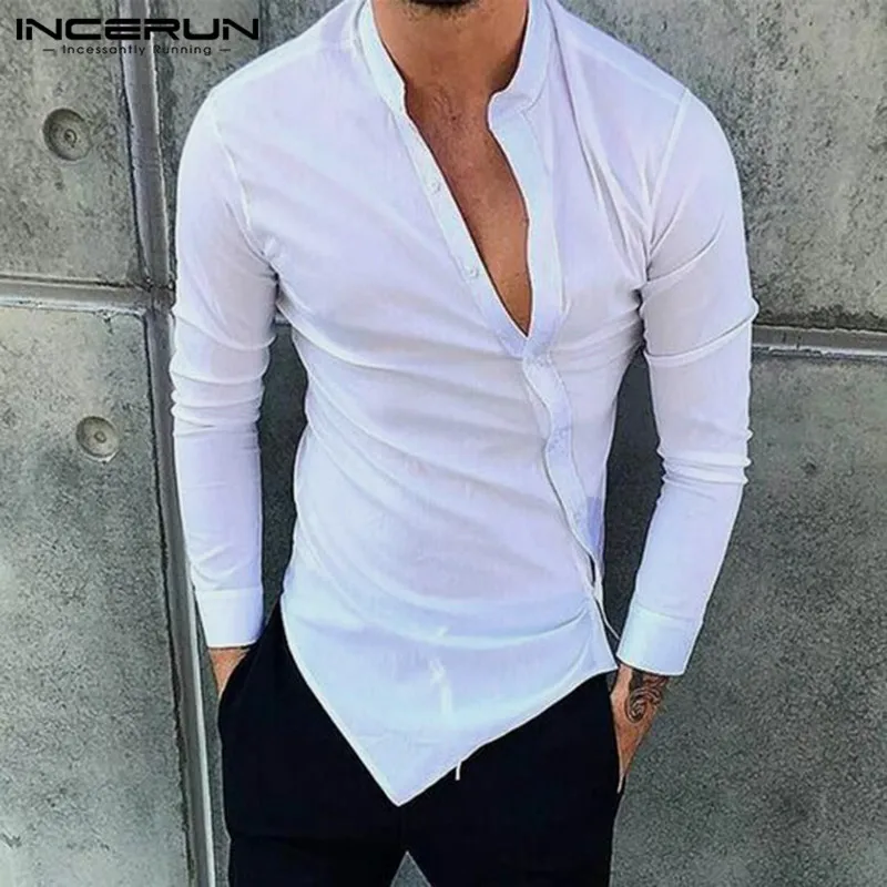 Men Shirt Tops-Stand-Collar Irregular Long-Sleeve Streetwear INCERUN Casual Fashion Button